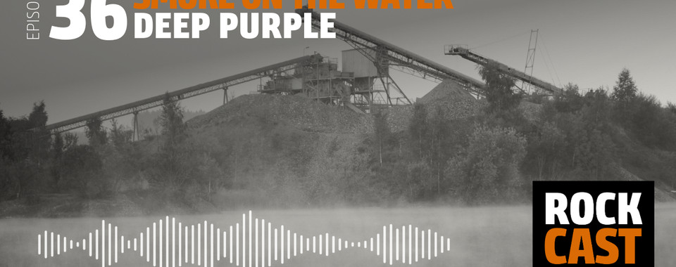 A foggy lake in front of a conveyor system. Overlay text reads "Episode 36 Smoke on the Water Deep Purple."