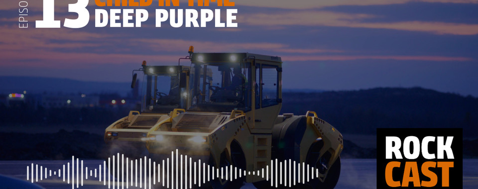 Two road rollers at sunset with a purple sky. Overlay text reads "Episode 13 Child in Time Deep Purple." 