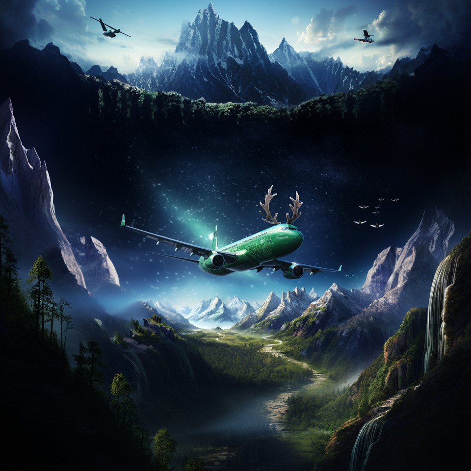 Airplane and reindeer as photo in starry sky with bright green asteroid tail in energetic composition, sunglowing mountains
