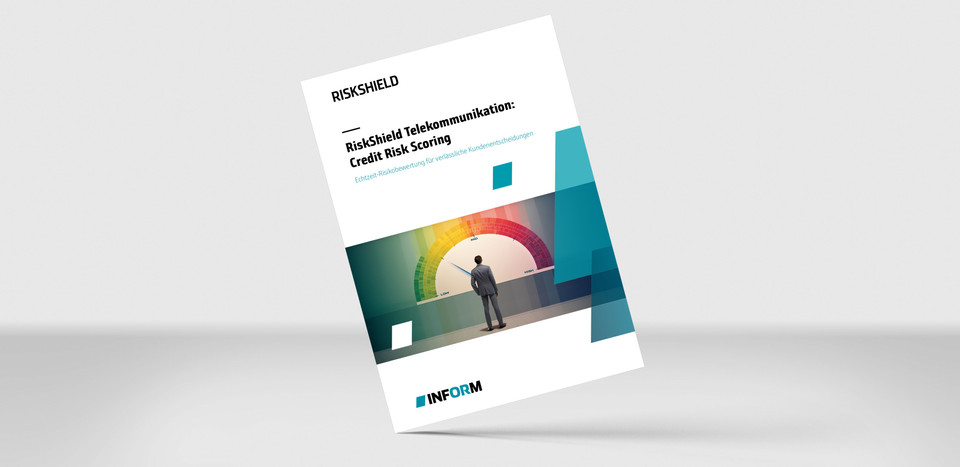 Mockup unserer Brochure "Telecom Use Case: Credit Risk Scoring" auf einem grauen Hintergrund