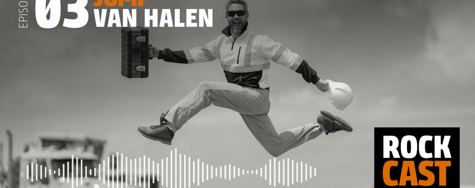 A Person is jumping enthusiastically holding a helmet and a briefcase. Overlay text reads "Episode 03 Jump Van Halen." 